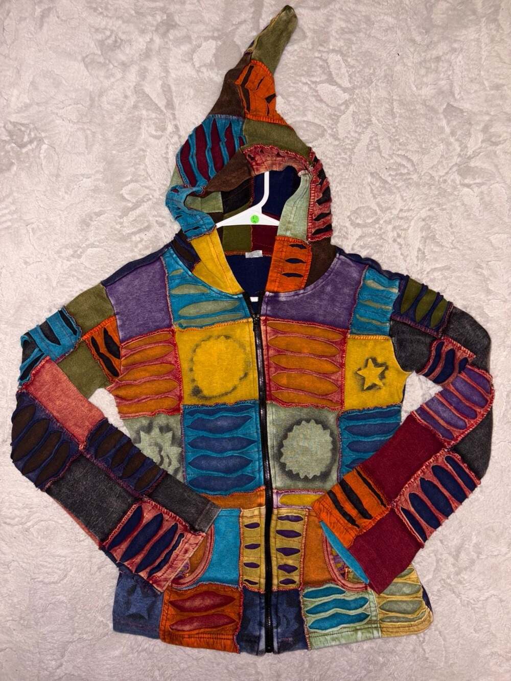 Boho Patchwork Razor Cut Pixie Hooded Zip Up Jacket